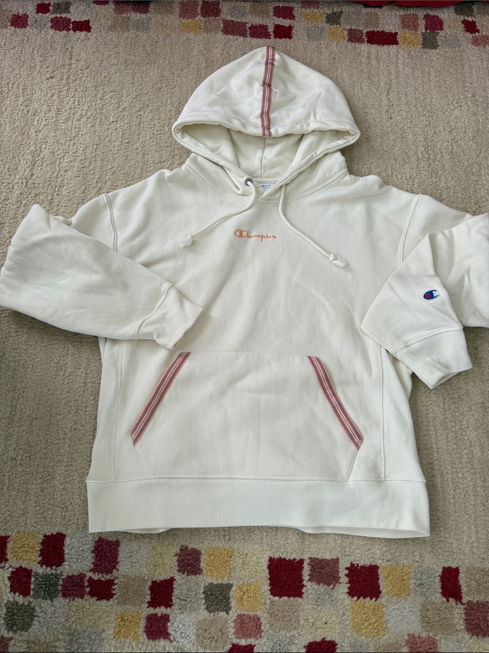 Champion White Crewneck Hoodie with Pink Stripe Trim Womens size large